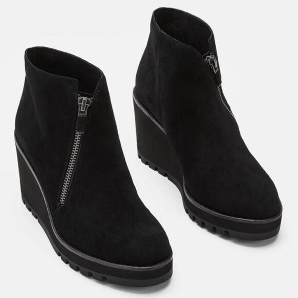 Eileen Fisher Alto Black Suede Wedge Ankle Boots Booties Platform Size 7 Zip - Picture 2 of 14